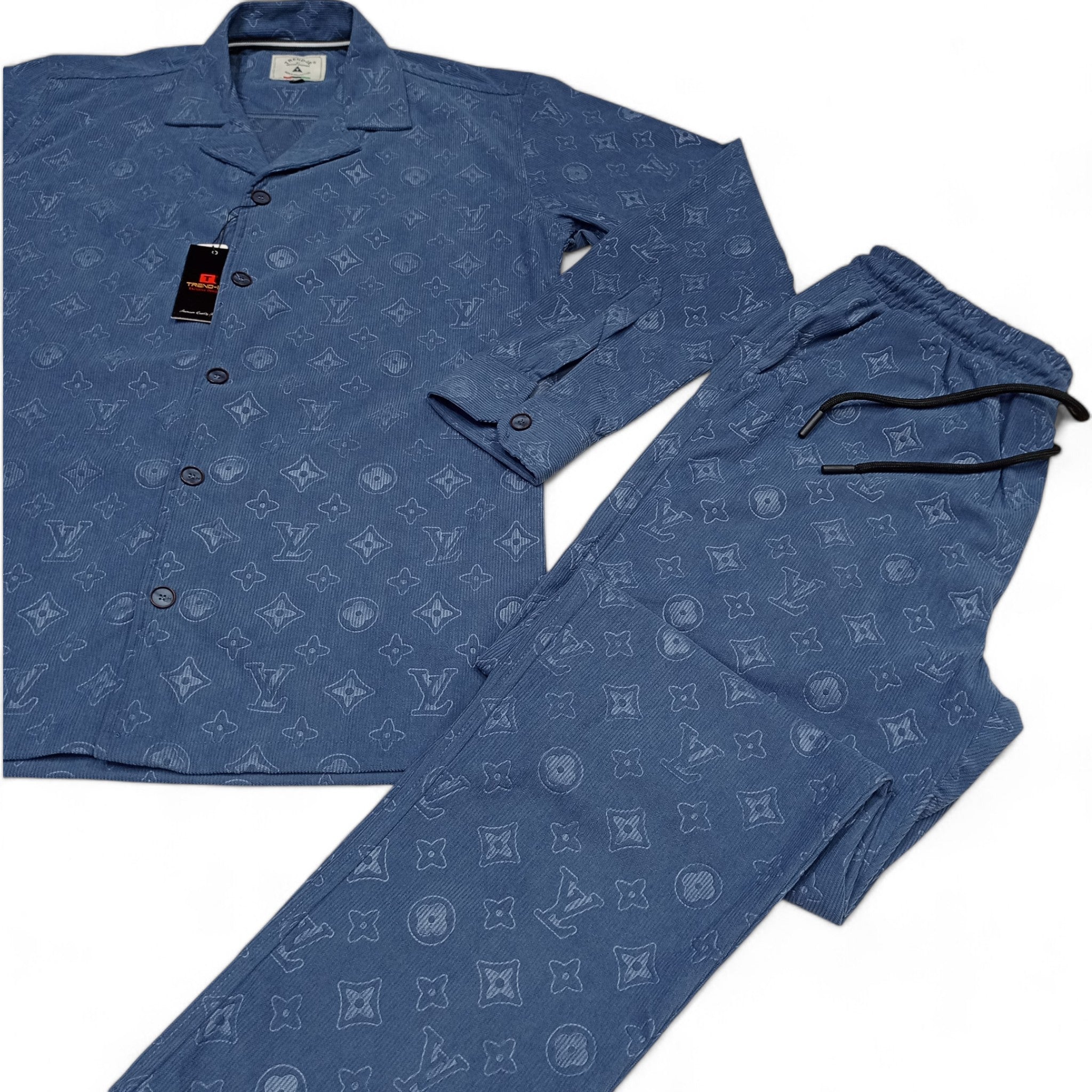 Men China Cotrai Safari Suit- Mid Blue L-V - button & threads