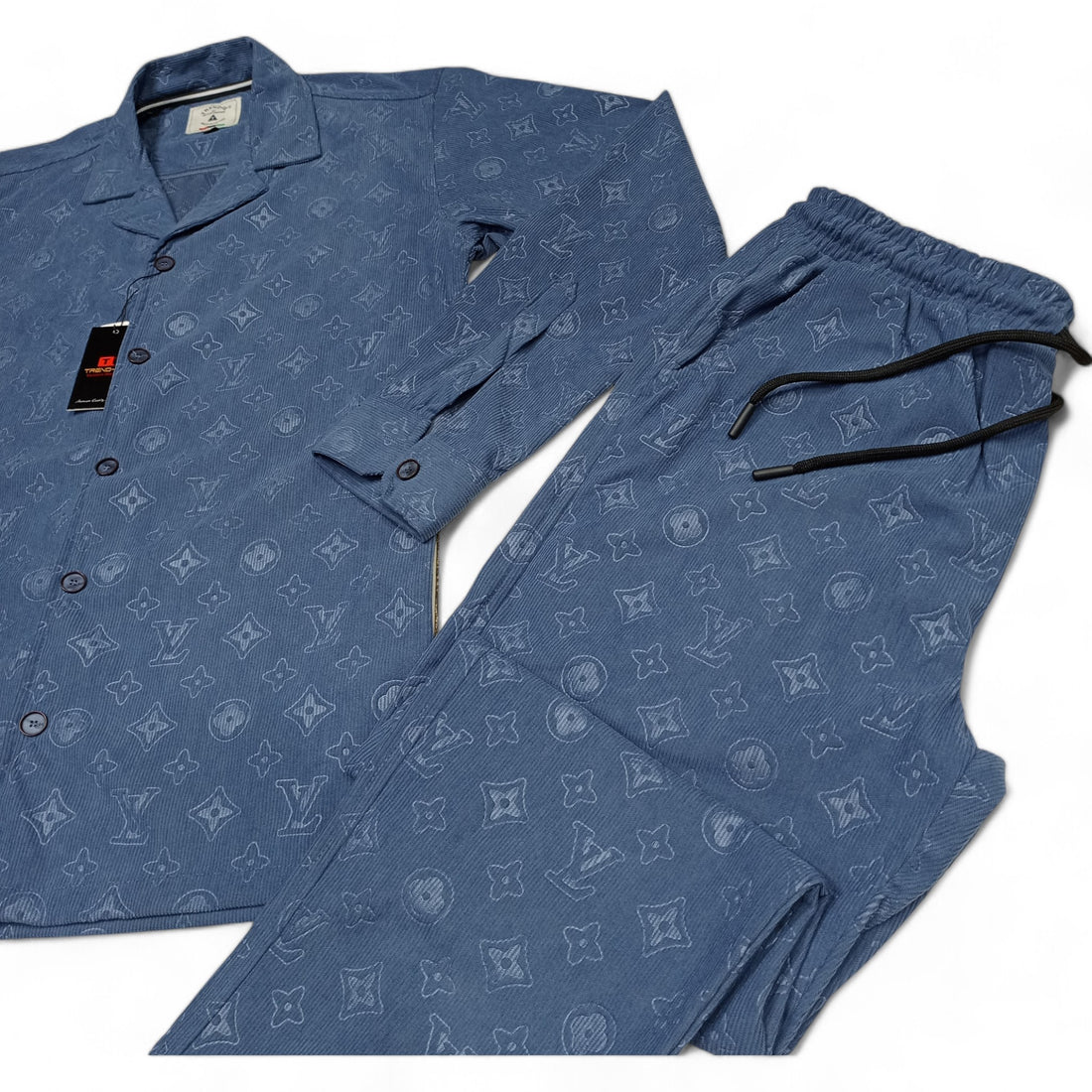 Men China Cotrai Safari Suit- Mid Blue L-V - button & threads