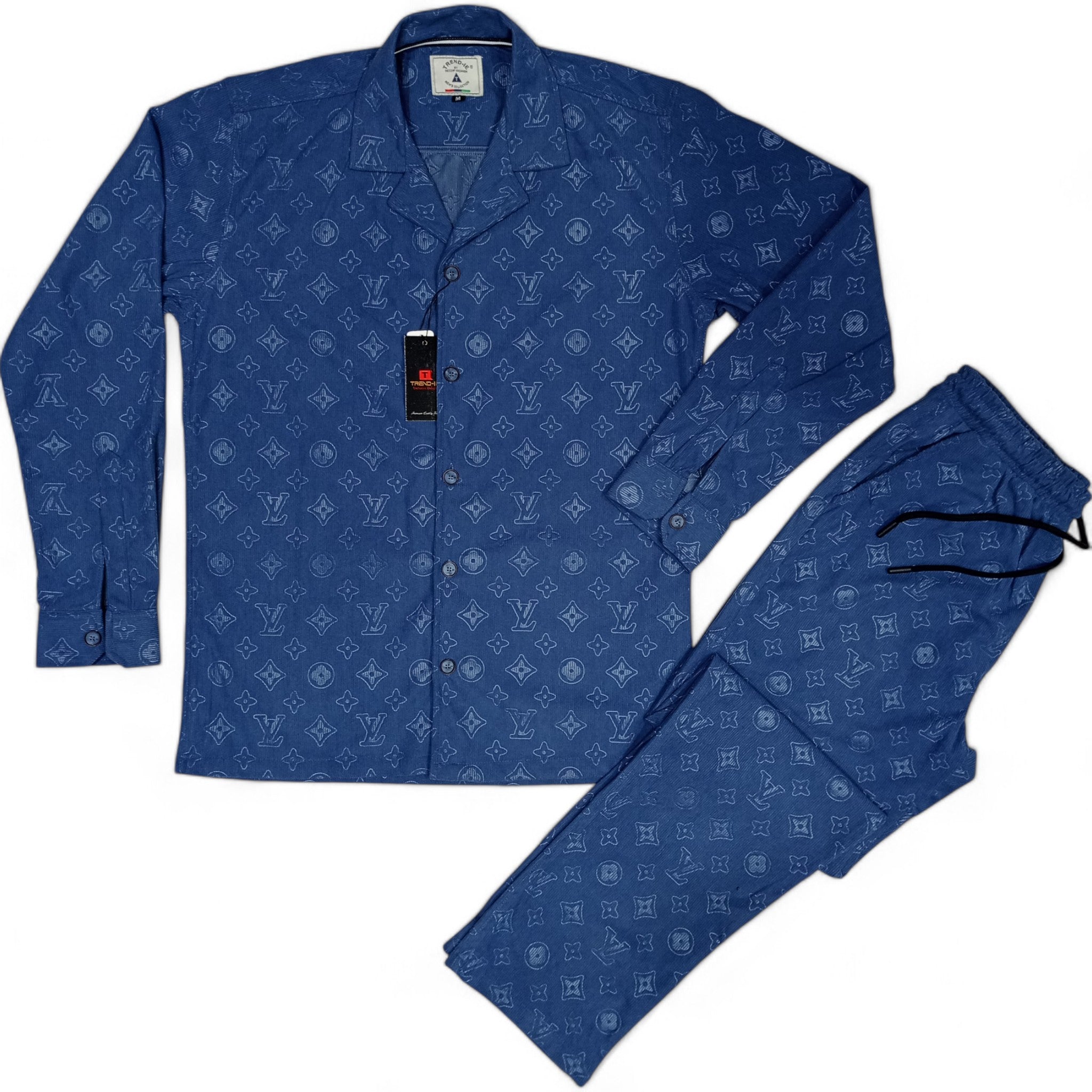 Men China Cotrai Safari Suit- Mid Blue L-V - button & threads