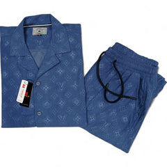 Men China Cotrai Safari Suit- Mid Blue L-V