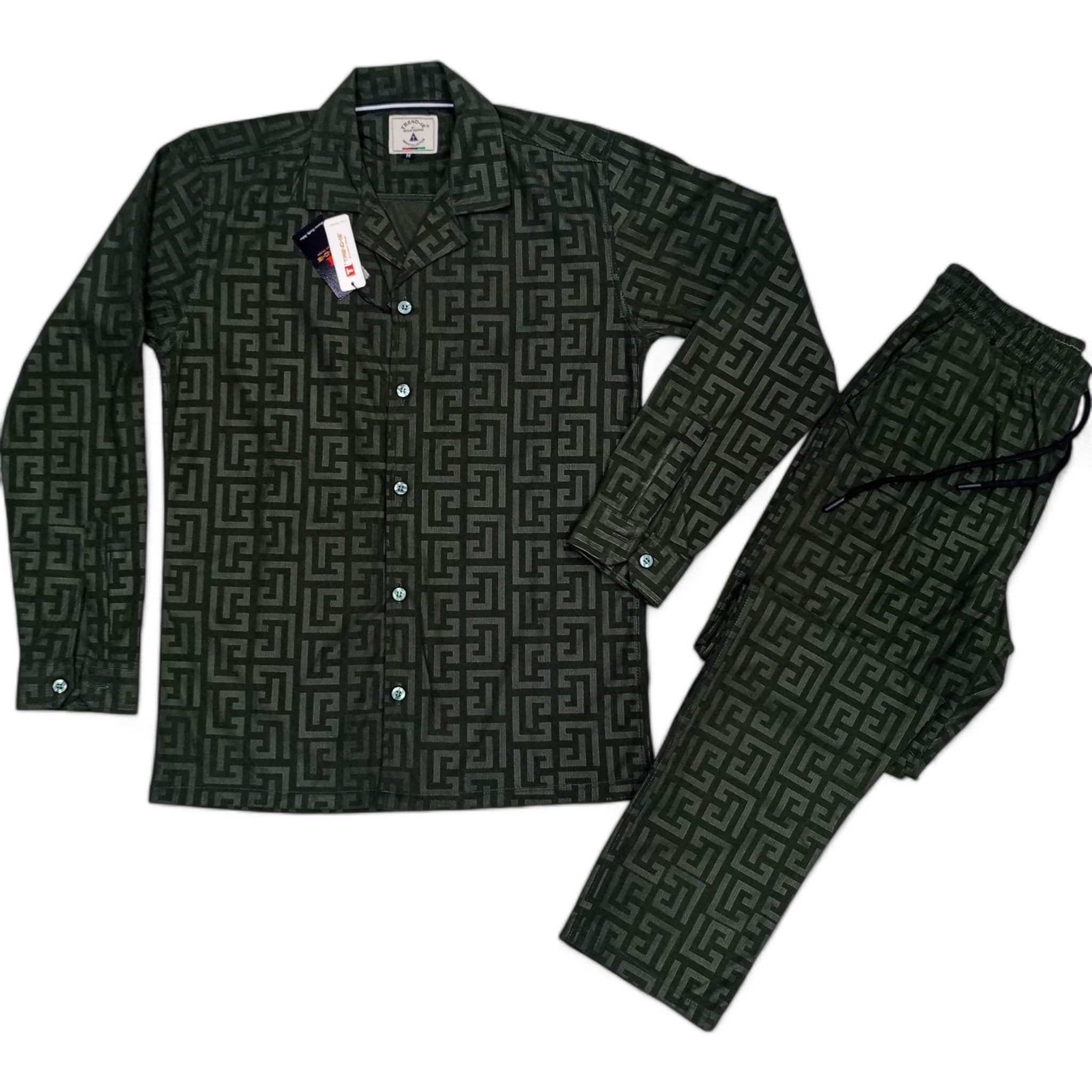 Men China Cotrai Safari Suit- Dark Olive Green-Pattren - button & threads