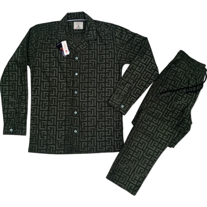 Men China Cotrai Safari Suit- Dark Olive Green-Pattren - button & threads