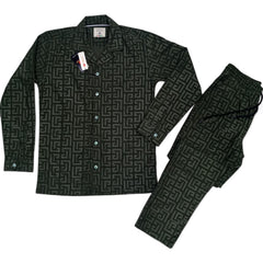 Men China Cotrai Safari Suit- Dark Olive Green-Pattren - button & threads