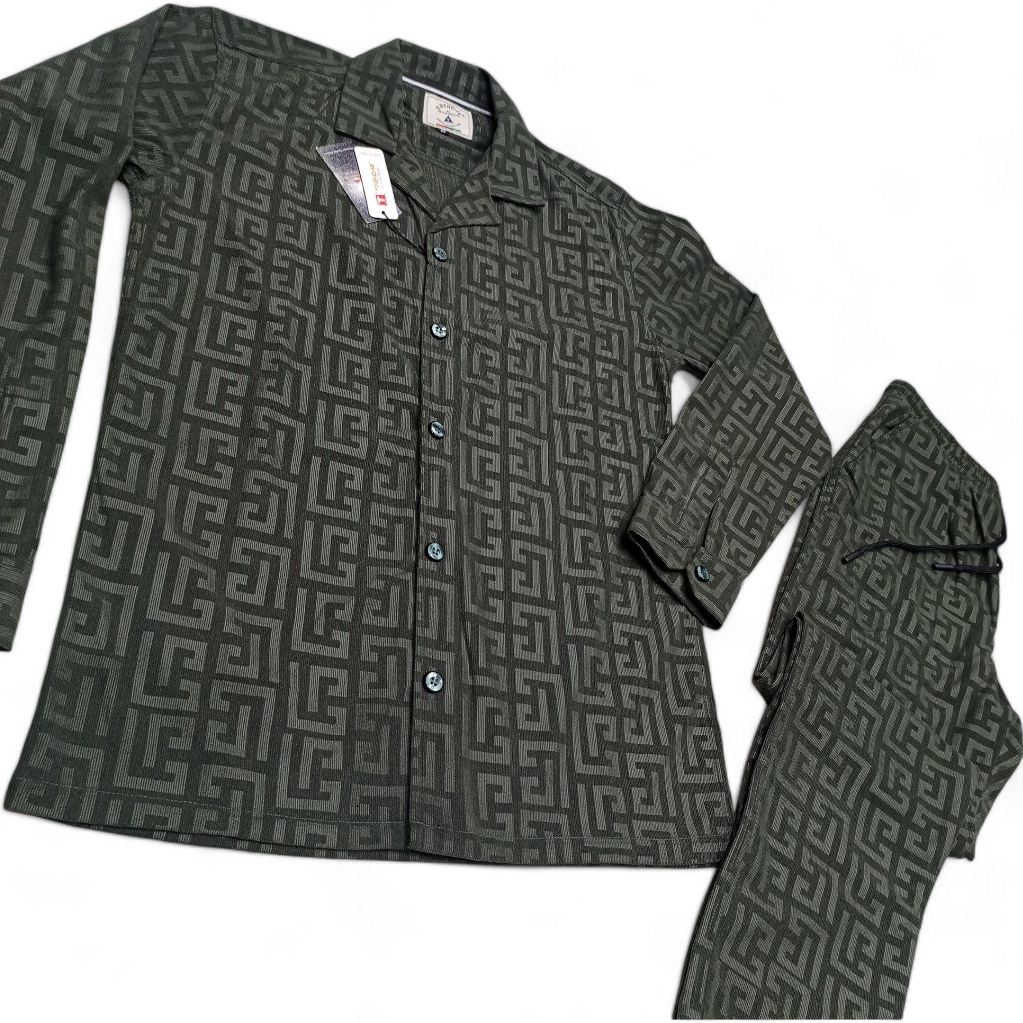 Men China Cotrai Safari Suit- Dark Olive Green-Pattren - button & threads