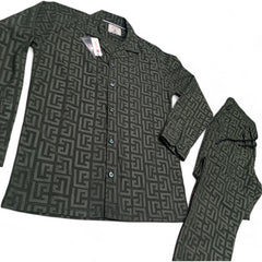 Men China Cotrai Safari Suit- Dark Olive Green-Pattren - button & threads
