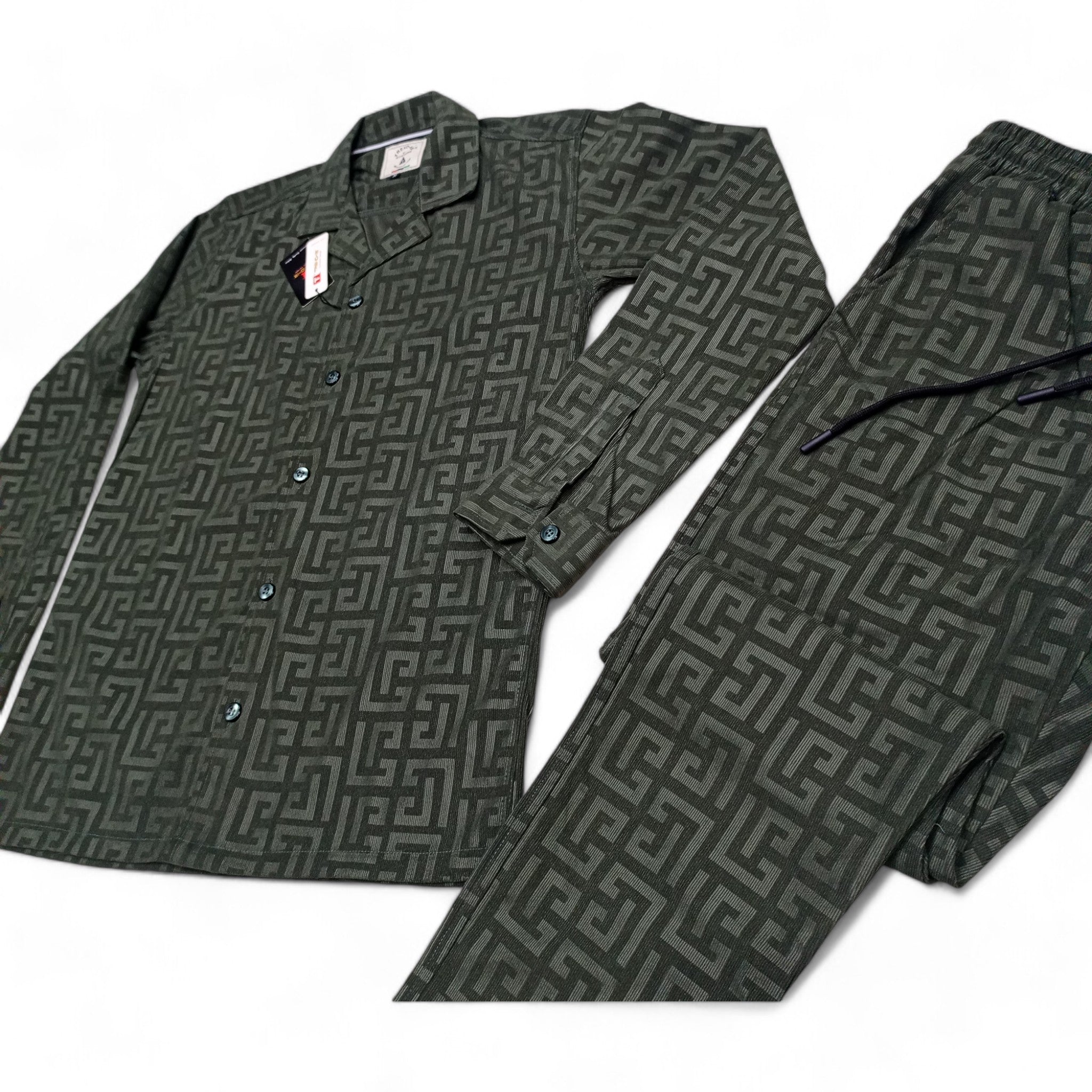 Men China Cotrai Safari Suit- Dark Olive Green-Pattren - button & threads