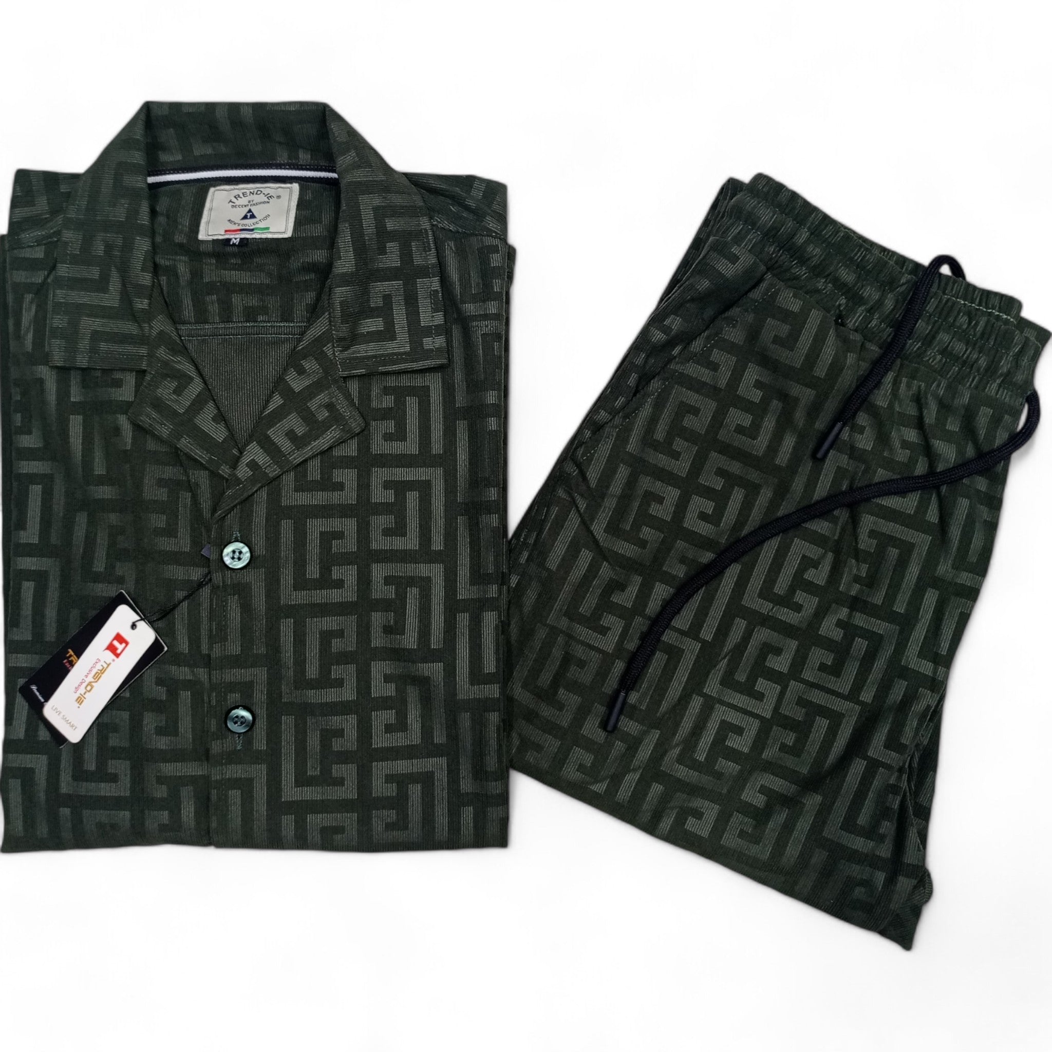 Men China Cotrai Safari Suit- Dark Olive Green-Pattren - button & threads