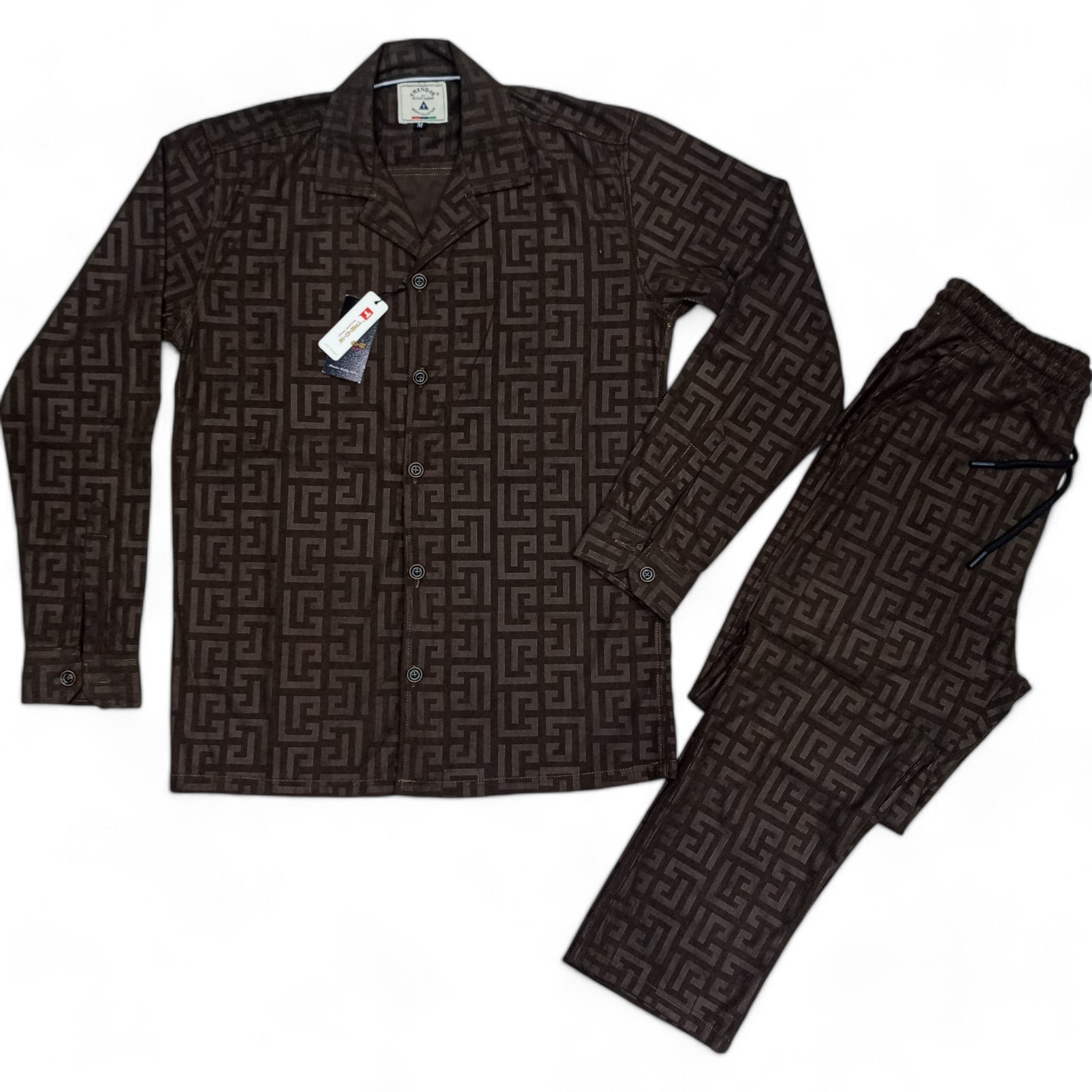 Men China Cotrai Safari Suit- Chocolate Brown-Pattern - button & threads
