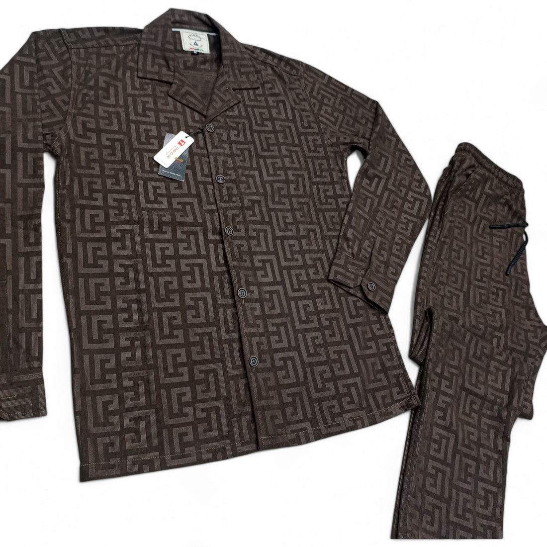 Men China Cotrai Safari Suit- Chocolate Brown-Pattern - button & threads