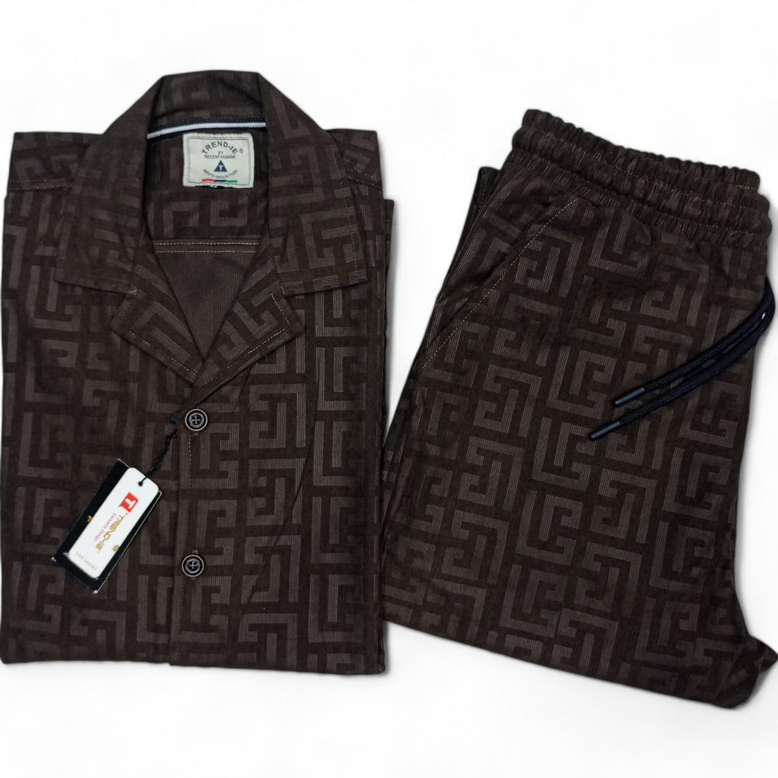 Men China Cotrai Safari Suit- Chocolate Brown-Pattern - button & threads