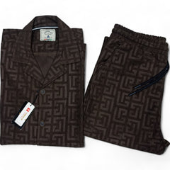 Men China Cotrai Safari Suit- Chocolate Brown-Pattern