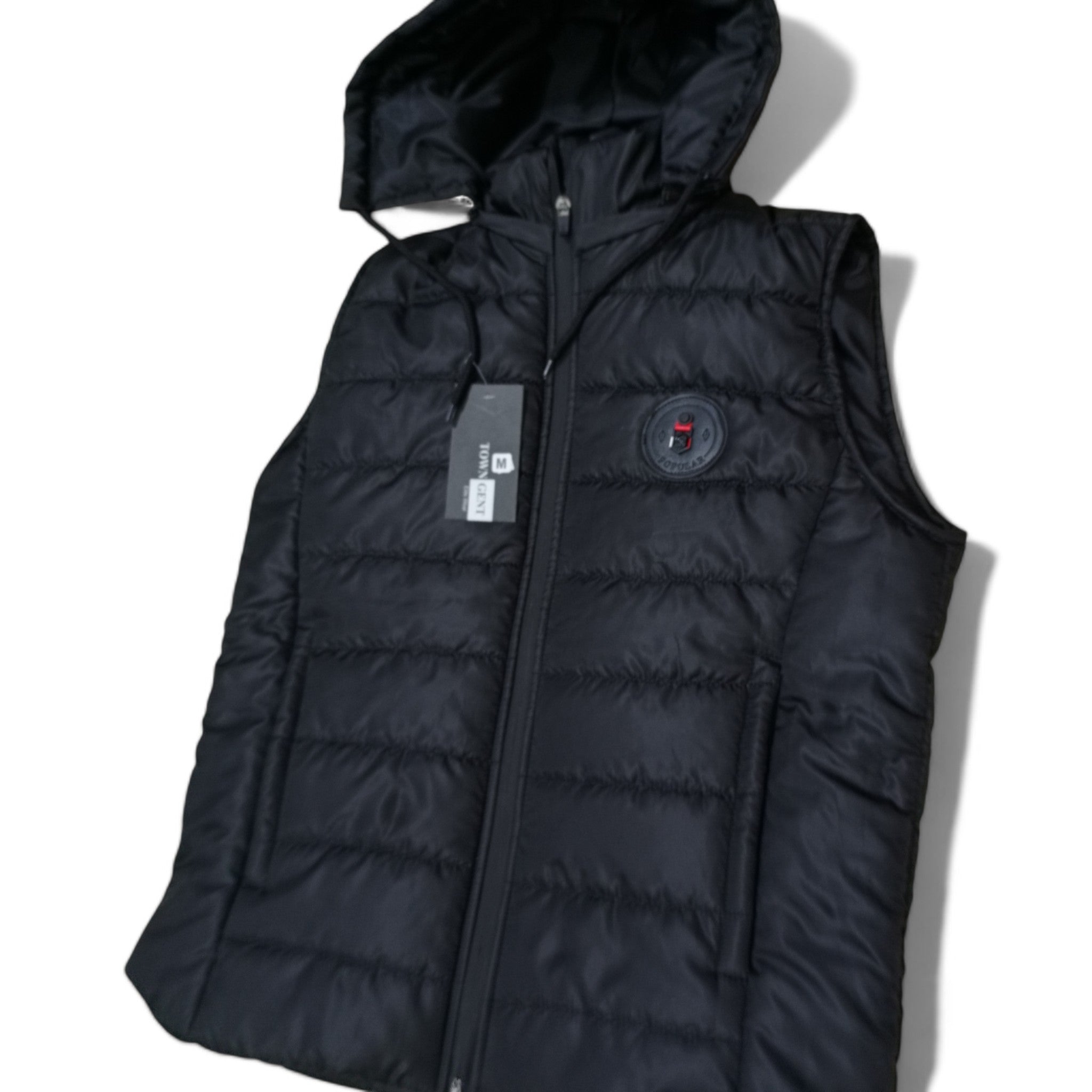 Button & Threads™ Unisex Sleeves Less Jet Black With Badge Puffer Jacket - button & threads