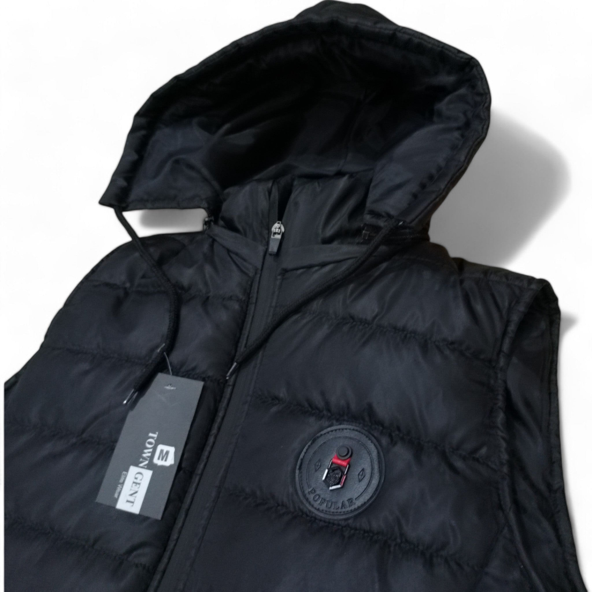 Button & Threads™ Unisex Sleeves Less Jet Black With Badge Puffer Jacket - button & threads