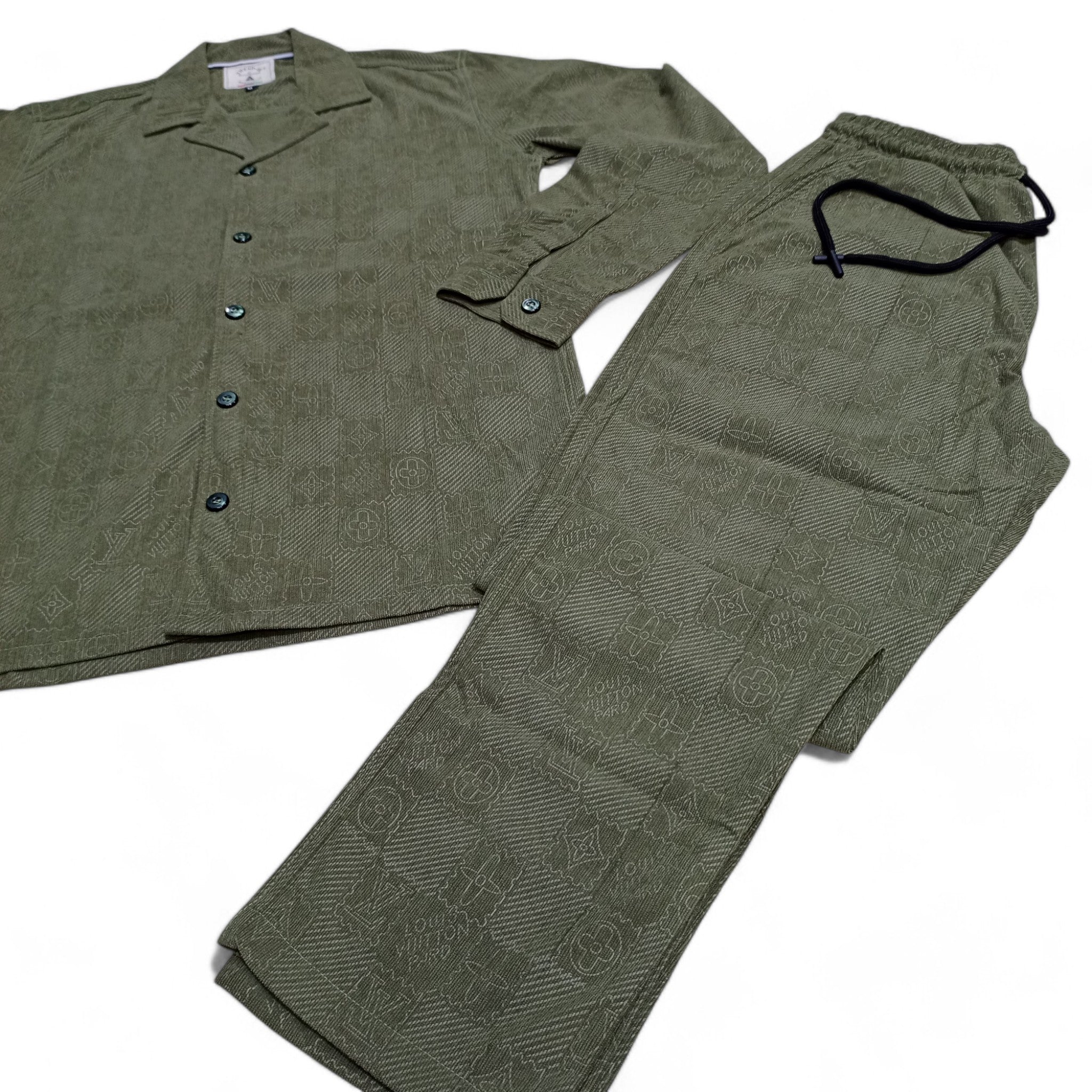 Men China Cotrai Safari Suit-Olive Green-Louis-Viton - button & threads