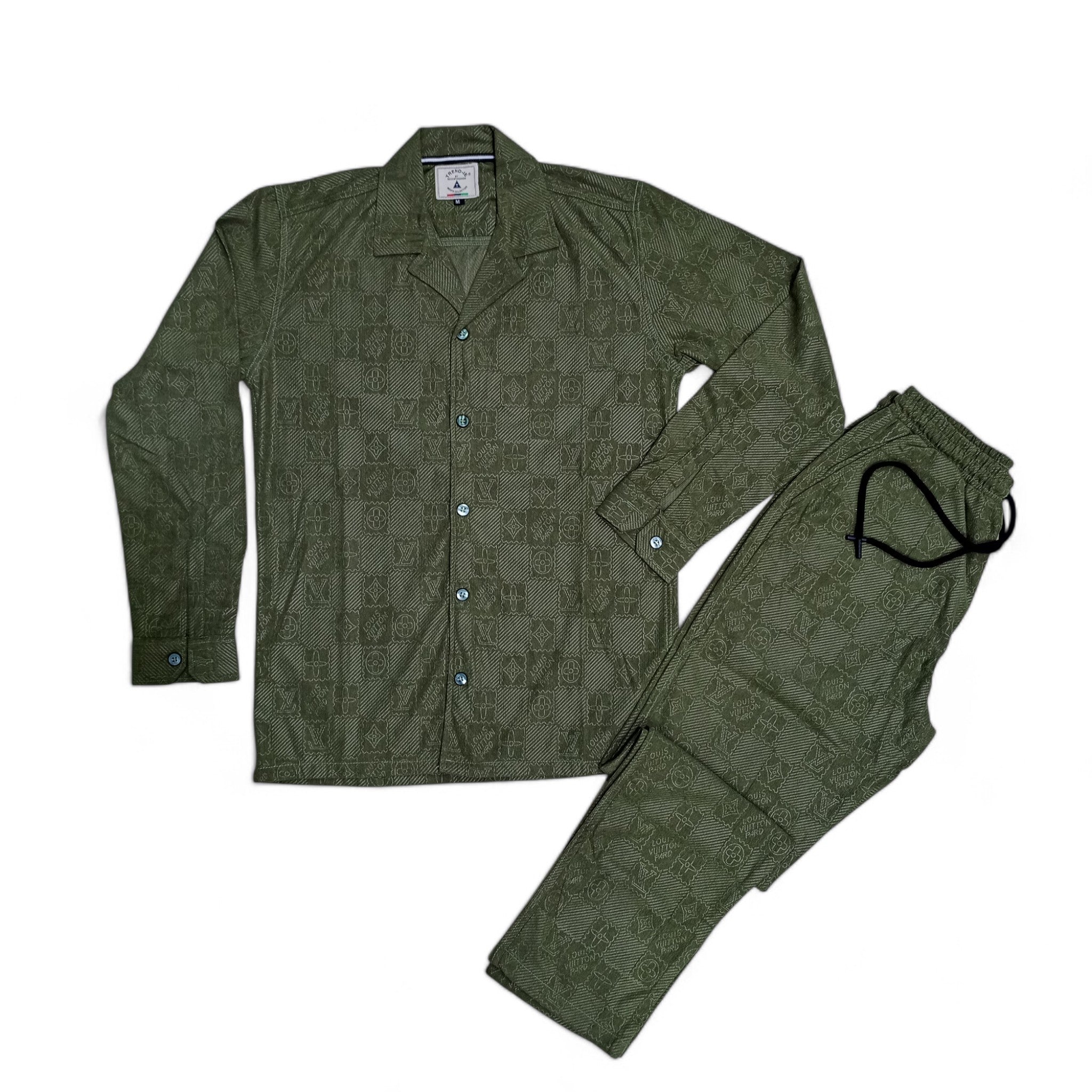 Men China Cotrai Safari Suit-Olive Green-Louis-Viton - button & threads