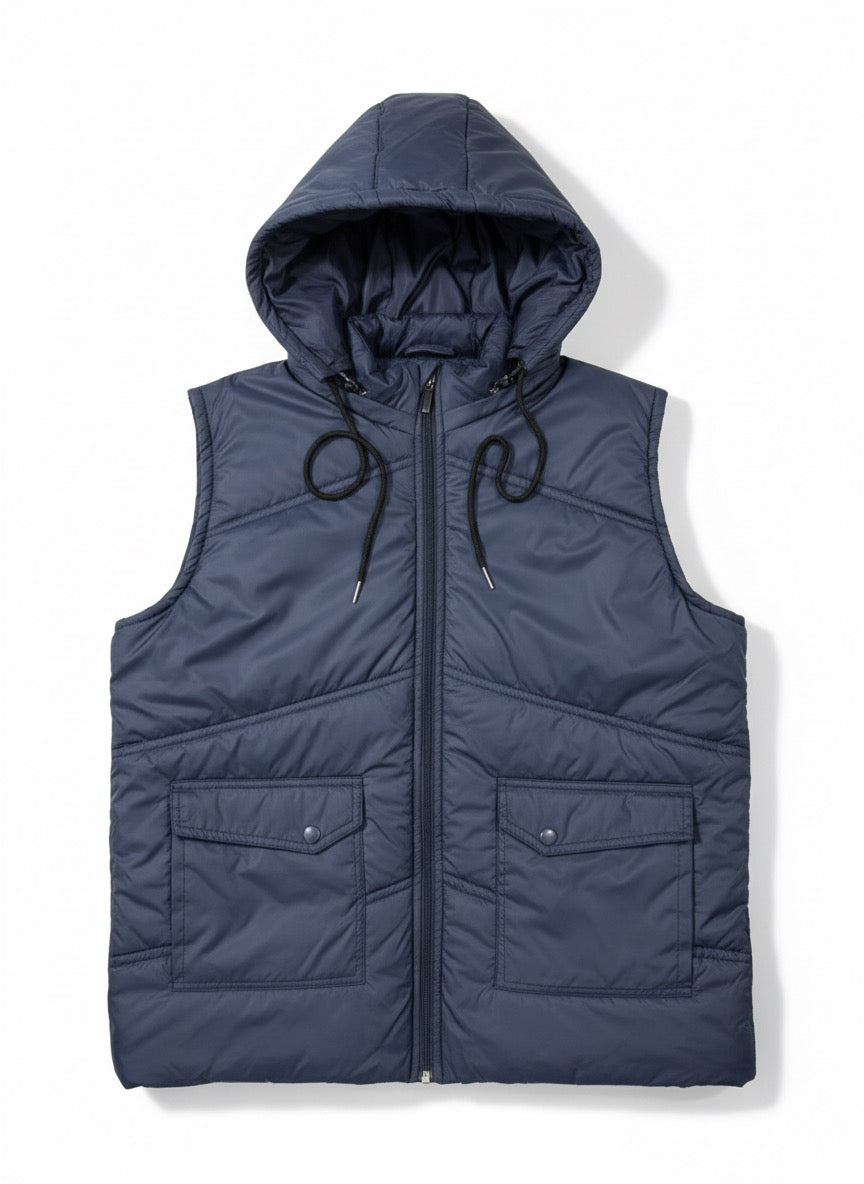 Sleeves Less Blue  Double Pocket Puffer Jacket For Male & Female - button & threads