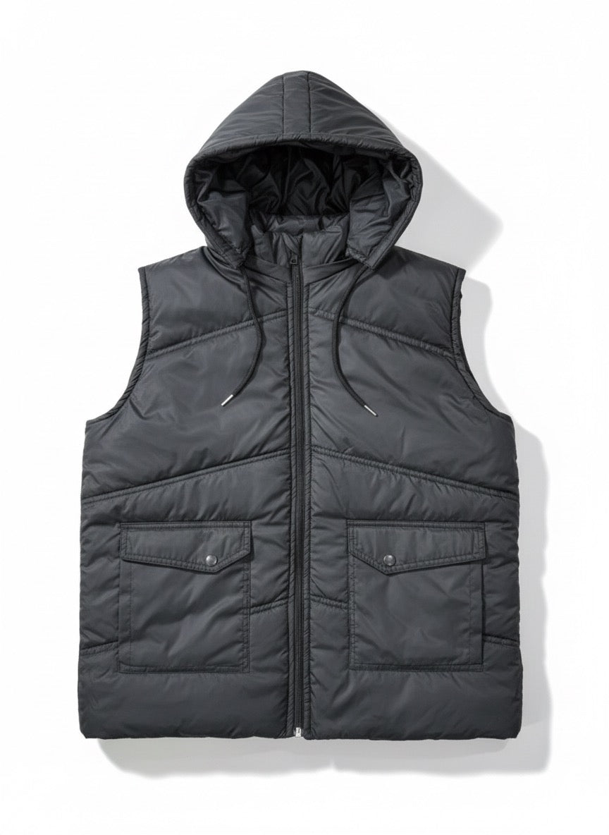 Sleeves Less Jet Black Double Pocket Puffer Jacket For Male & Female - button & threads