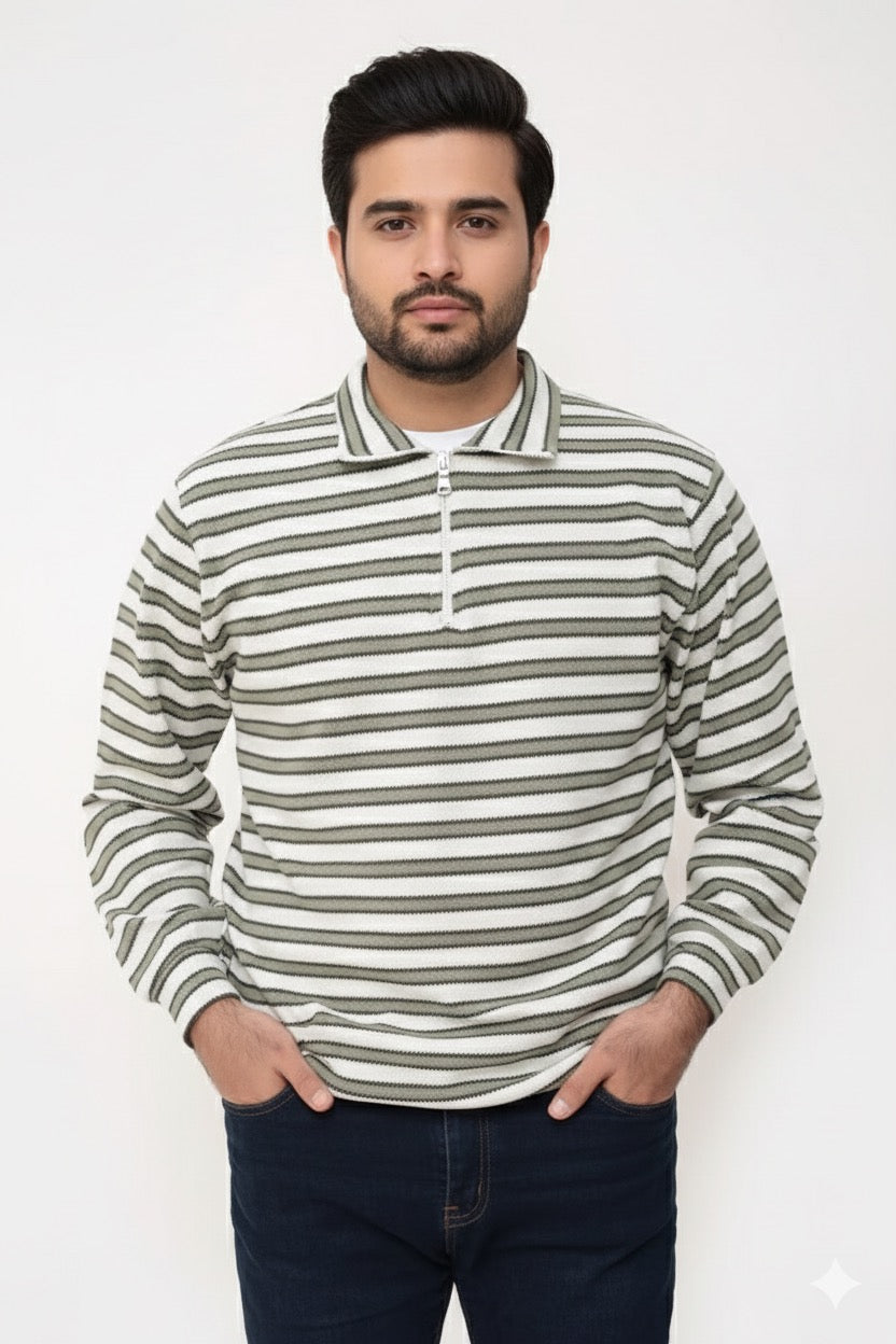 Old Money Men's Zipped Olive Green Boarder Stripes - button & threads