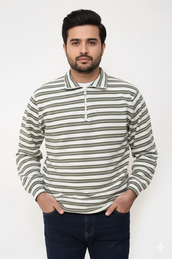 Old Money Men's Zipped Olive Green Boarder Stripes - button & threads
