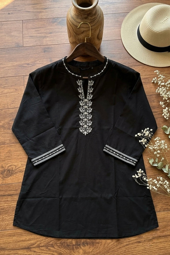 Woman Black Cotton Tops-White Embroidery-AT 1003