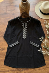 Woman Black Cotton Tops-White Embroidery-AT 1003