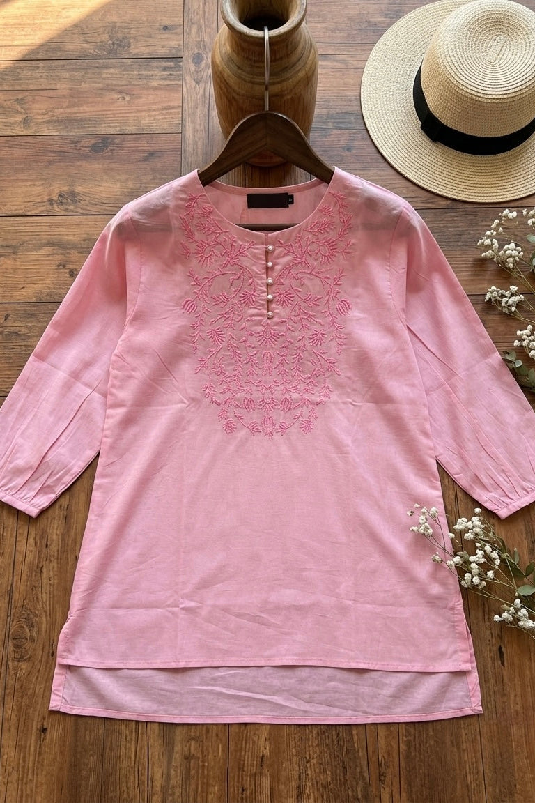 Woman Pink Cotton Tops-Front Embroidery-AT 1005
