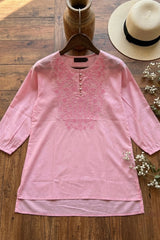Woman Pink Cotton Tops-Front Embroidery-AT 1005