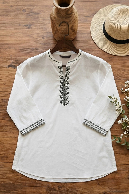 Woman White Cotton Tops-Black Embroidery-AT 1003