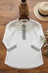 Woman White Cotton Tops-Black Embroidery-AT 1003
