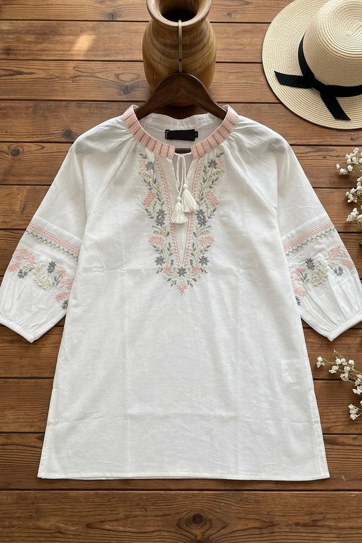 Woman White Cotton Tops-Arms Embroidery-AT 1004