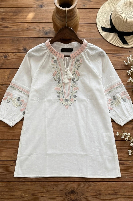 Woman White Cotton Tops-Arms Embroidery-AT 1004