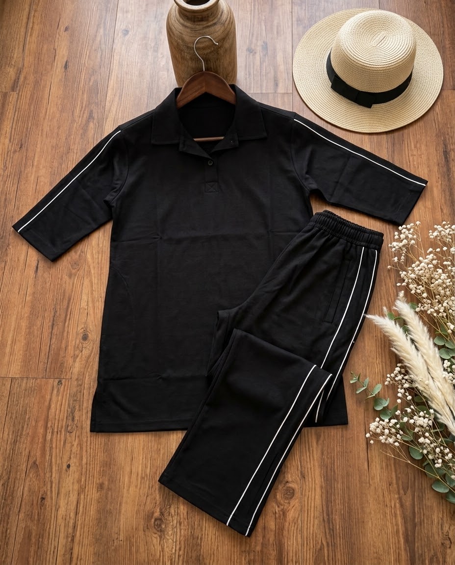 Woman Jersey Piping Cord-Set- Jet Black