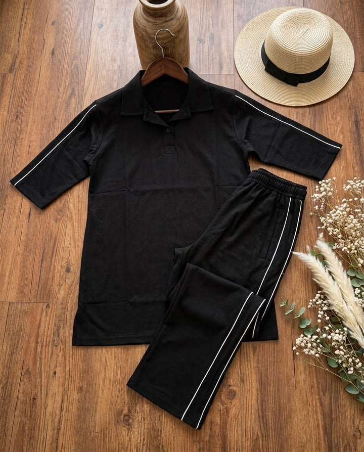 Woman Jersey Piping Cord-Set- Jet Black