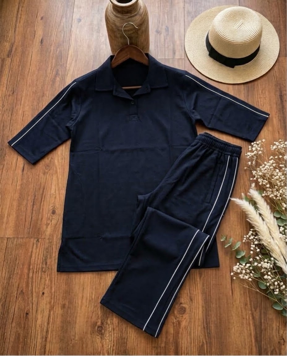 Woman Jersey Piping Cord-Set- Navy Blue