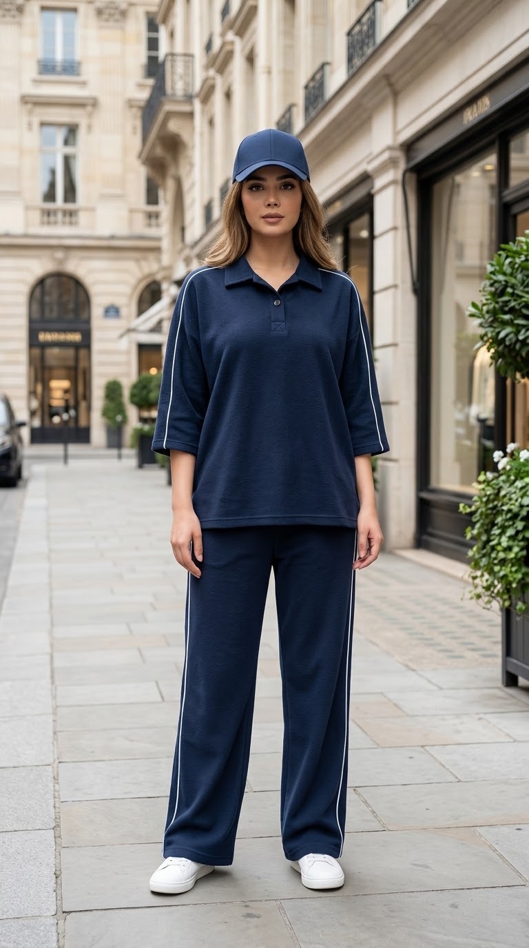 Woman Jersey Piping Cord-Set- Navy Blue