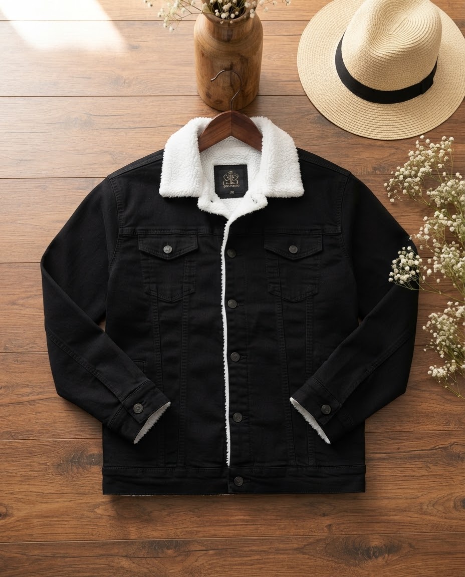 Woman Plain Denim Jacket-Jet Black