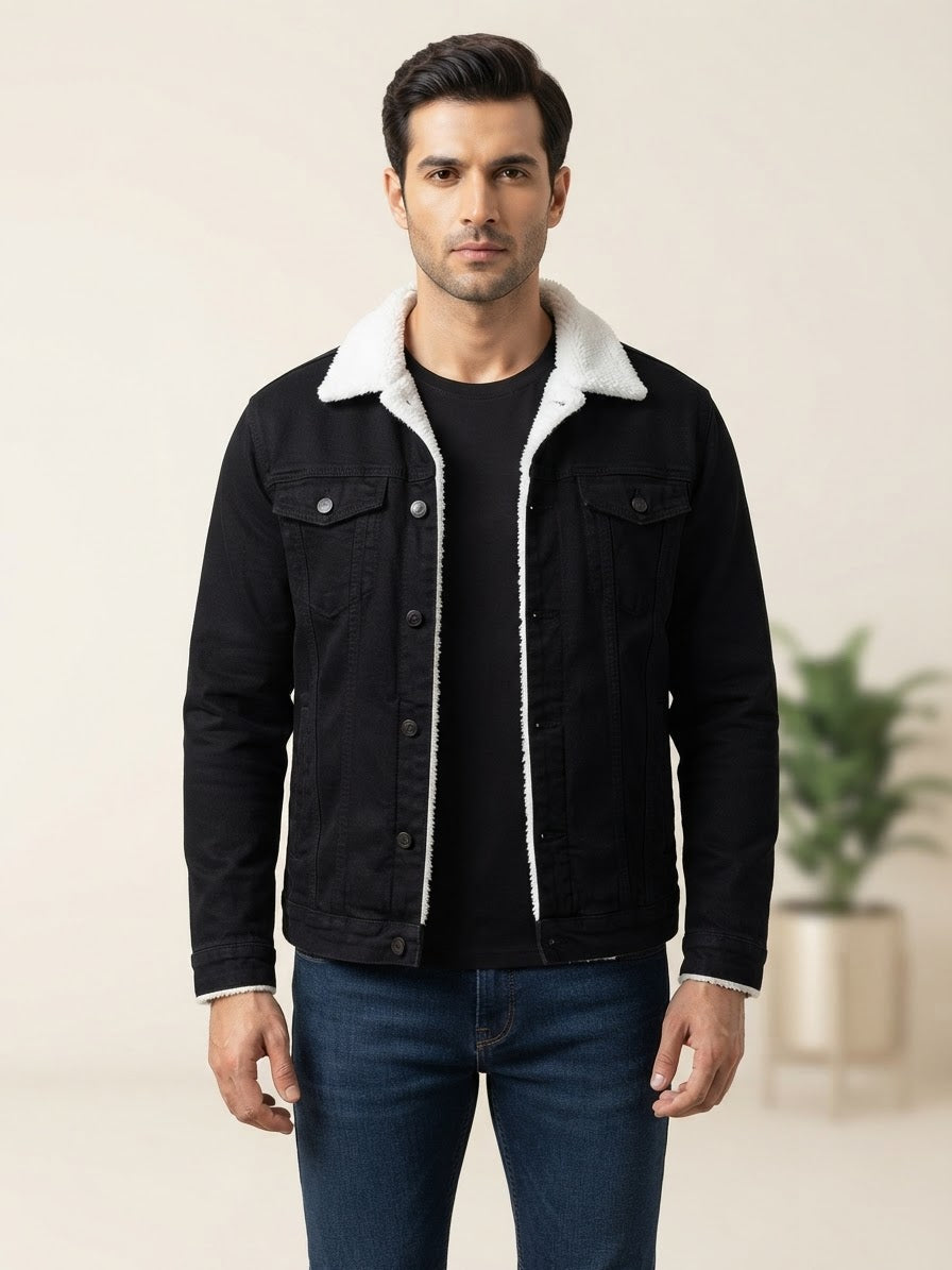 Plain Denim Jacket-Jet Black