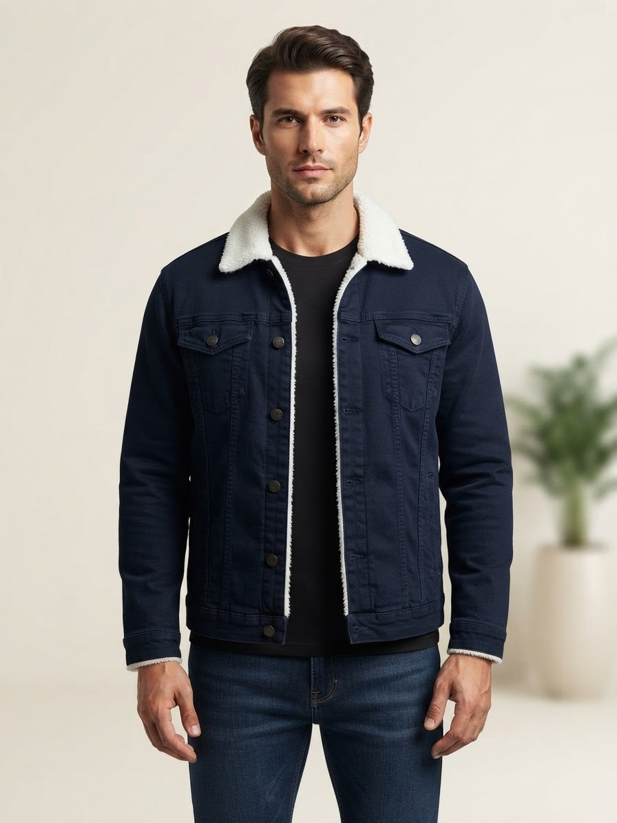 Plain Denim Jacket-Navy Blue