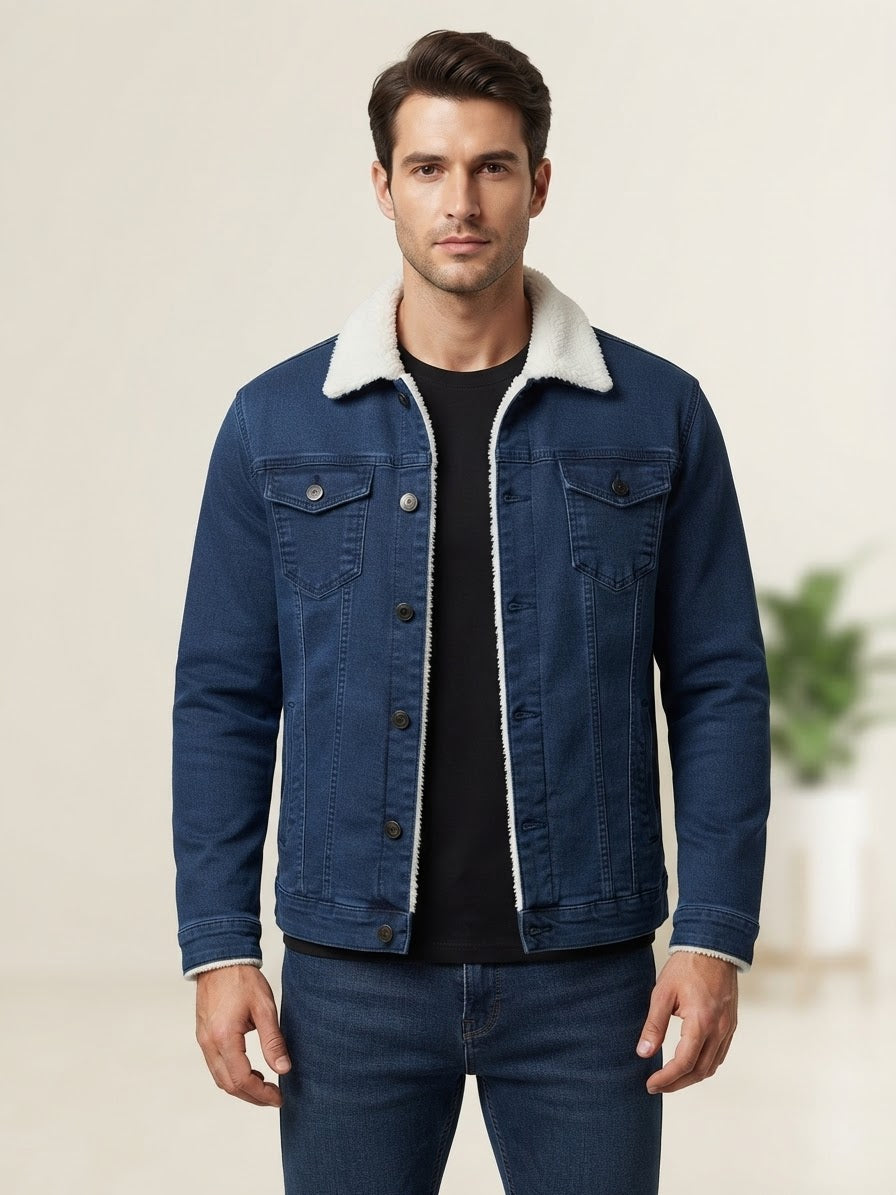 Plain Denim Jacket-Mid Blue