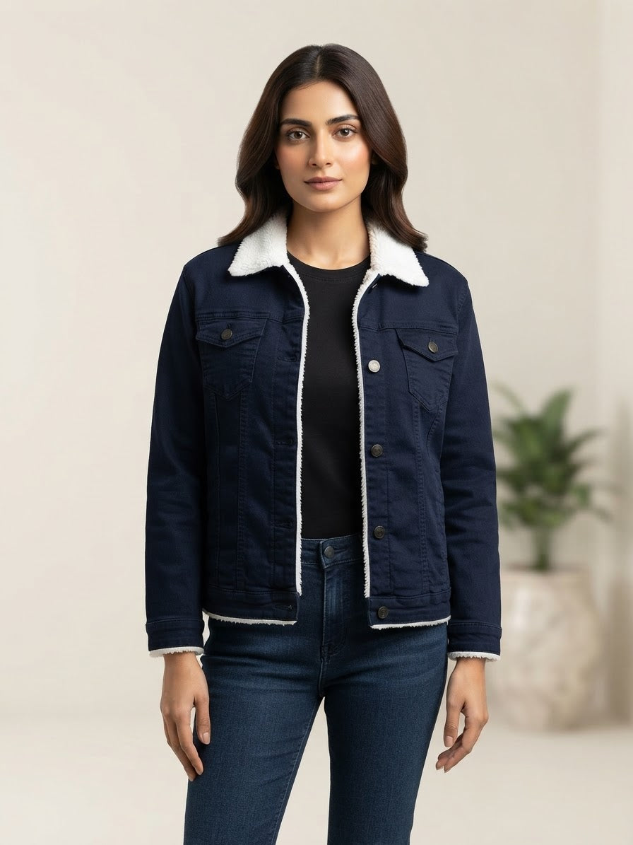 Woman Plain Denim Jacket-Navy Blue