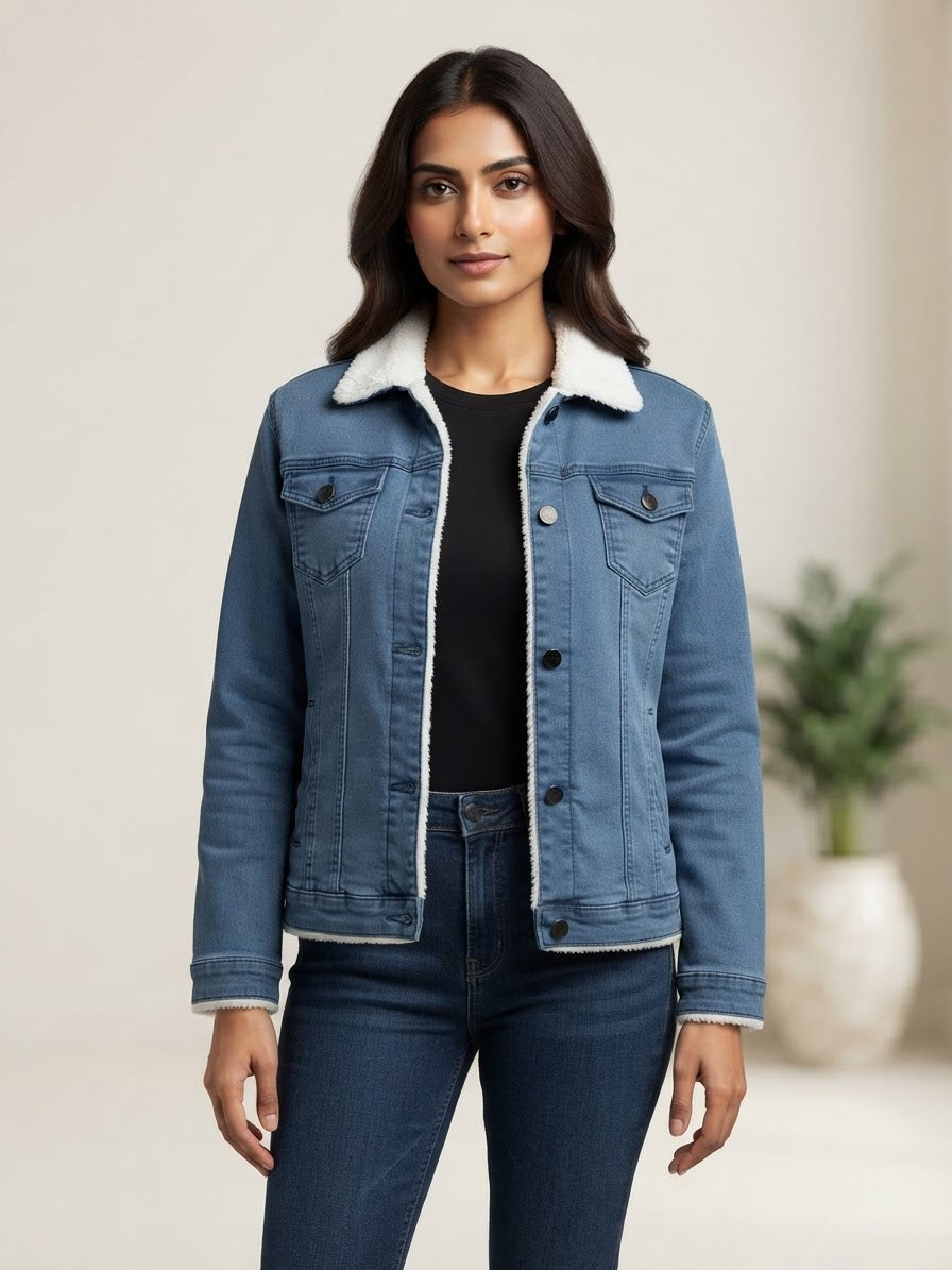 Woman Plain Denim Jacket-Sky Blue