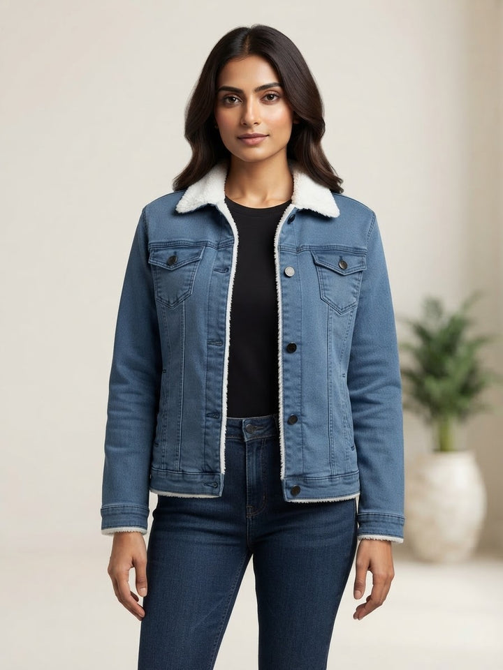 Woman Plain Denim Jacket-Sky Blue