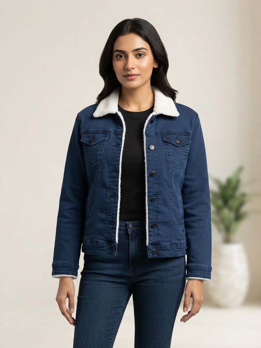 Woman Plain Denim Jacket-Mid Blue