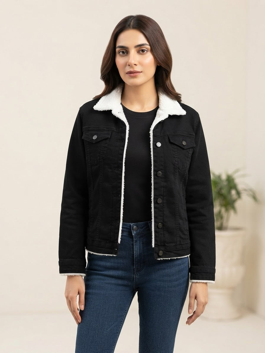 Woman Plain Denim Jacket-Jet Black