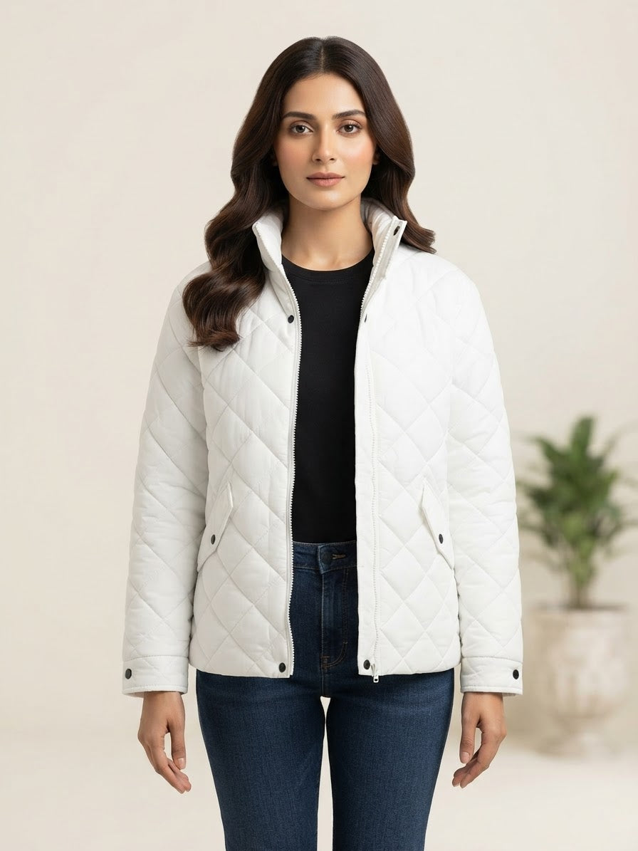 Woman Diamond Cut Jacket-Jet White