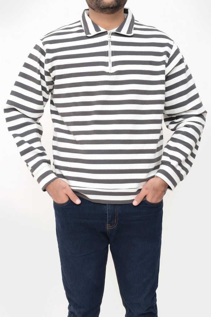 Old Money Men's Zipped Brown Striped Textured Sweat Shirt - button & threads
