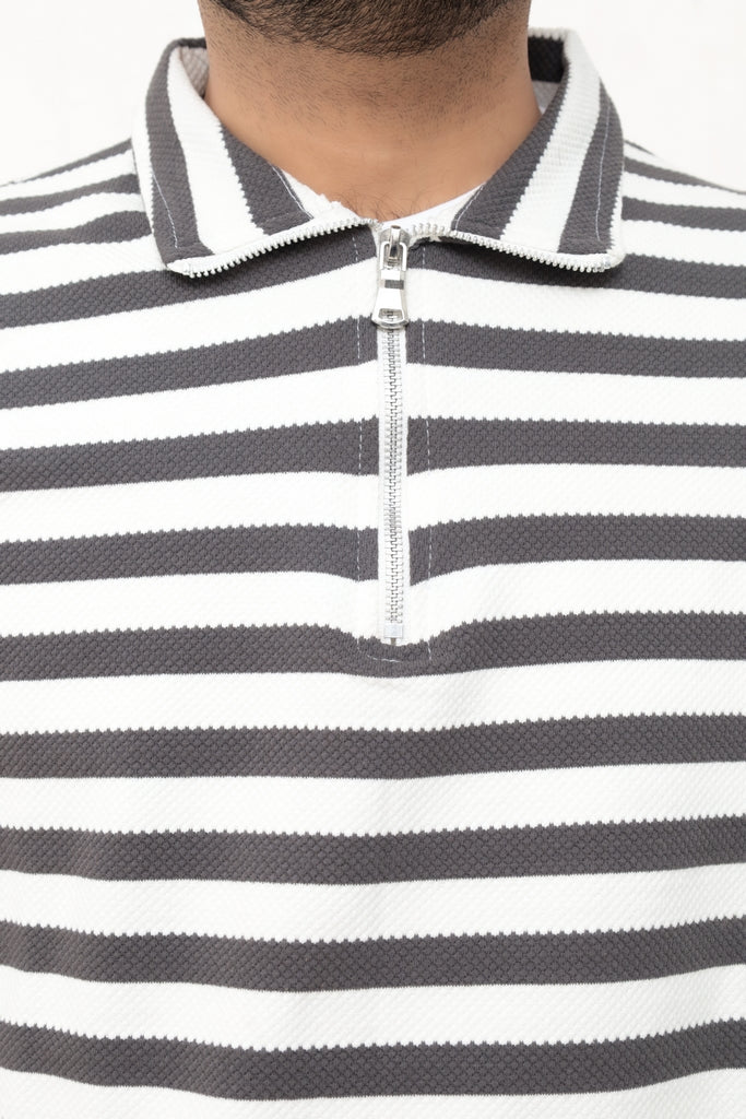 Old Money Men's Zipped Brown Striped Textured Sweat Shirt - button & threads