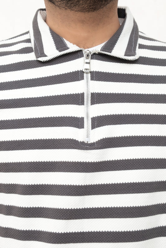 Old Money Men's Zipped Brown Striped Textured Sweat Shirt