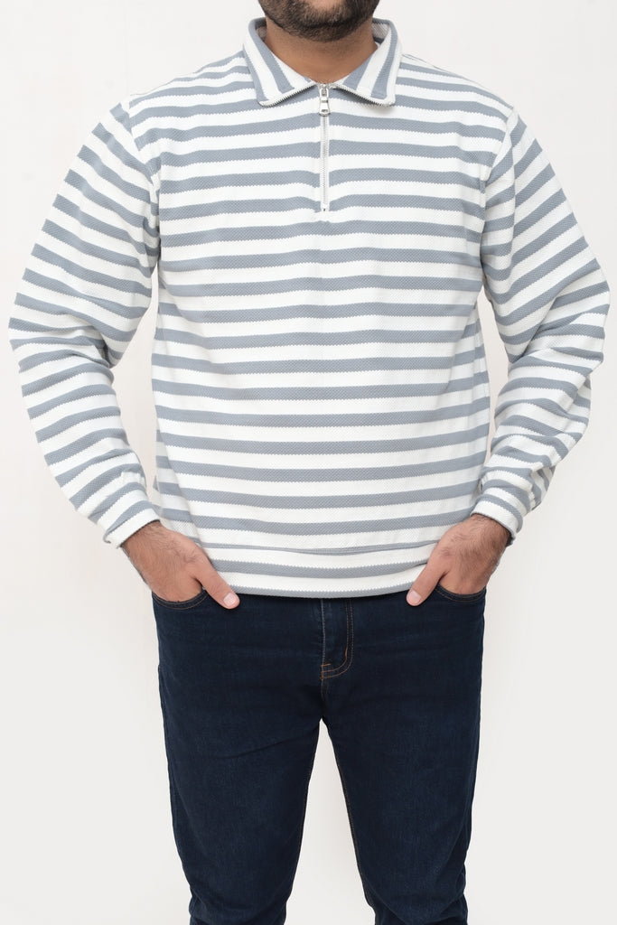 Old Money Men's Zipped Grey Striped Textured Sweat Shirt - button & threads