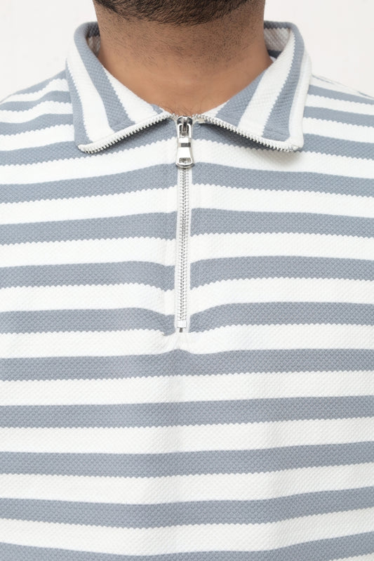 Old Money Men's Zipped Grey Striped Textured Sweat Shirt